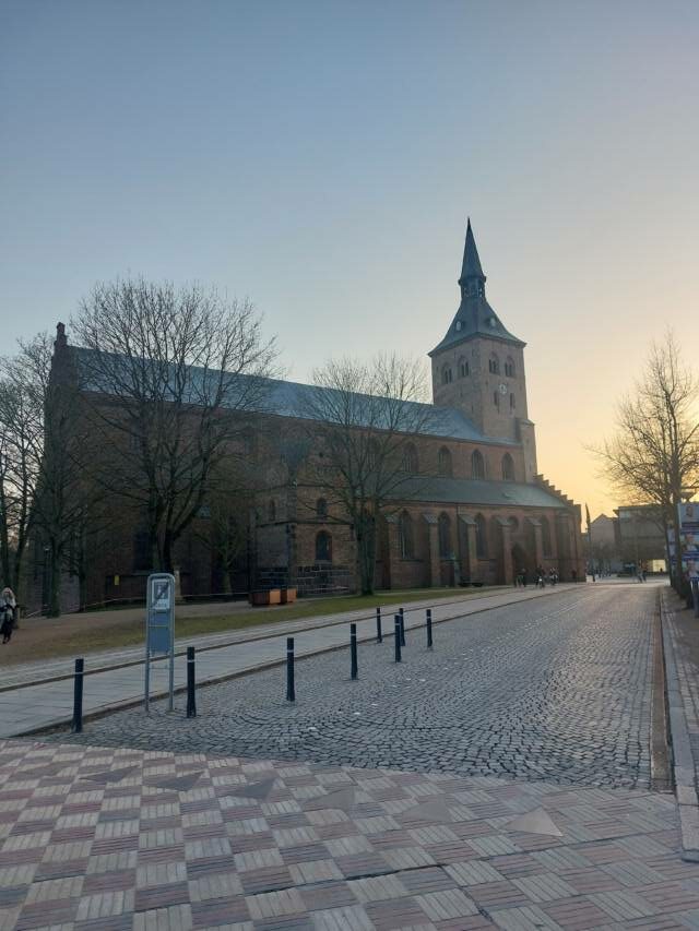 Cathédrale gothique luthérienne Saint-Knud : longue nef en brique rouge foncée vue de côté, la tour carrée avec sa flèche effilée caractéristique en cuivre patiné, les grandes fenêtres en ogive gothiques, et la grande place pavée devant.